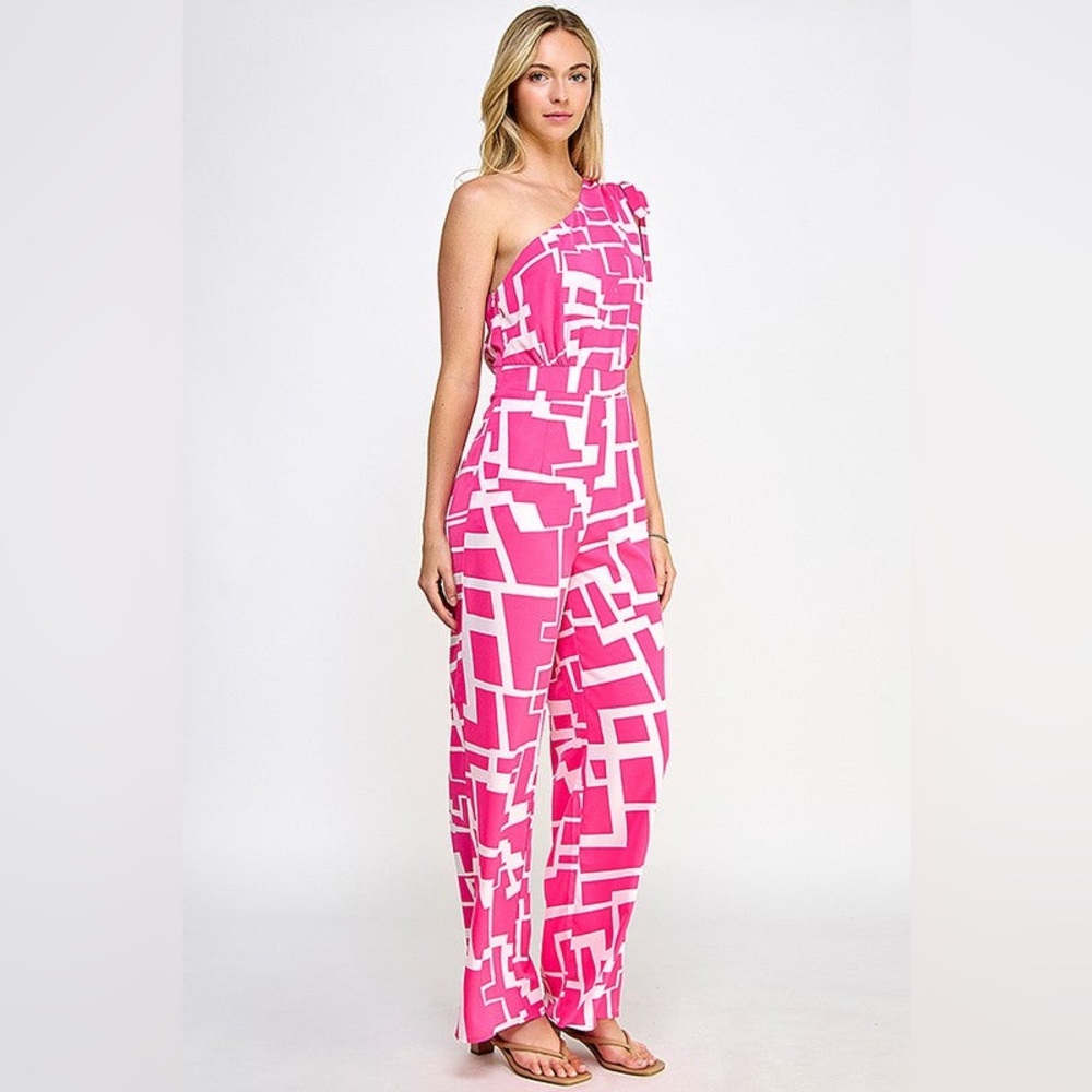Asymmetrical Pink Geo Print One-Shoulder Jumpsuit